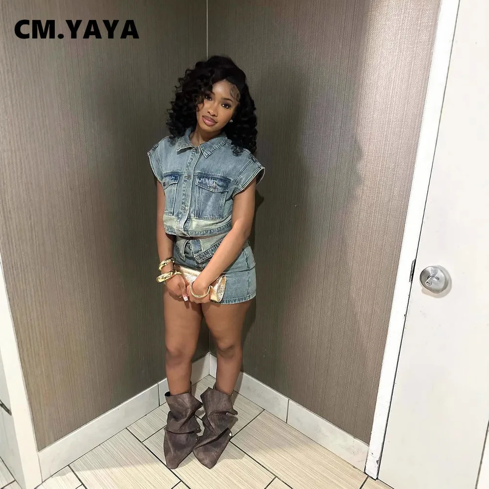 CM.YAYA Fashion Denim Women's Set Short Sleeve Jackets Tops and Shorts Jeans Sets 2025 Summer Two 2 Piece Sets Outfits Tracksuit