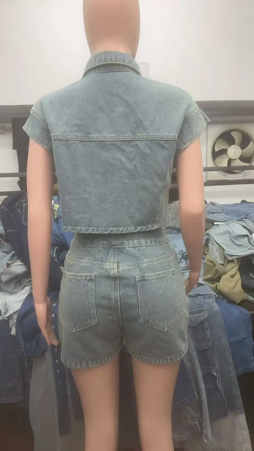 CM.YAYA Fashion Denim Women's Set Short Sleeve Jackets Tops and Shorts Jeans Sets 2025 Summer Two 2 Piece Sets Outfits Tracksuit CM.YAYA Fashion Denim Women's Set Short Sleeve Jackets Tops and Shorts Jeans Sets 2025 Summer Two 2 Piece Sets Outfits Tracksuit