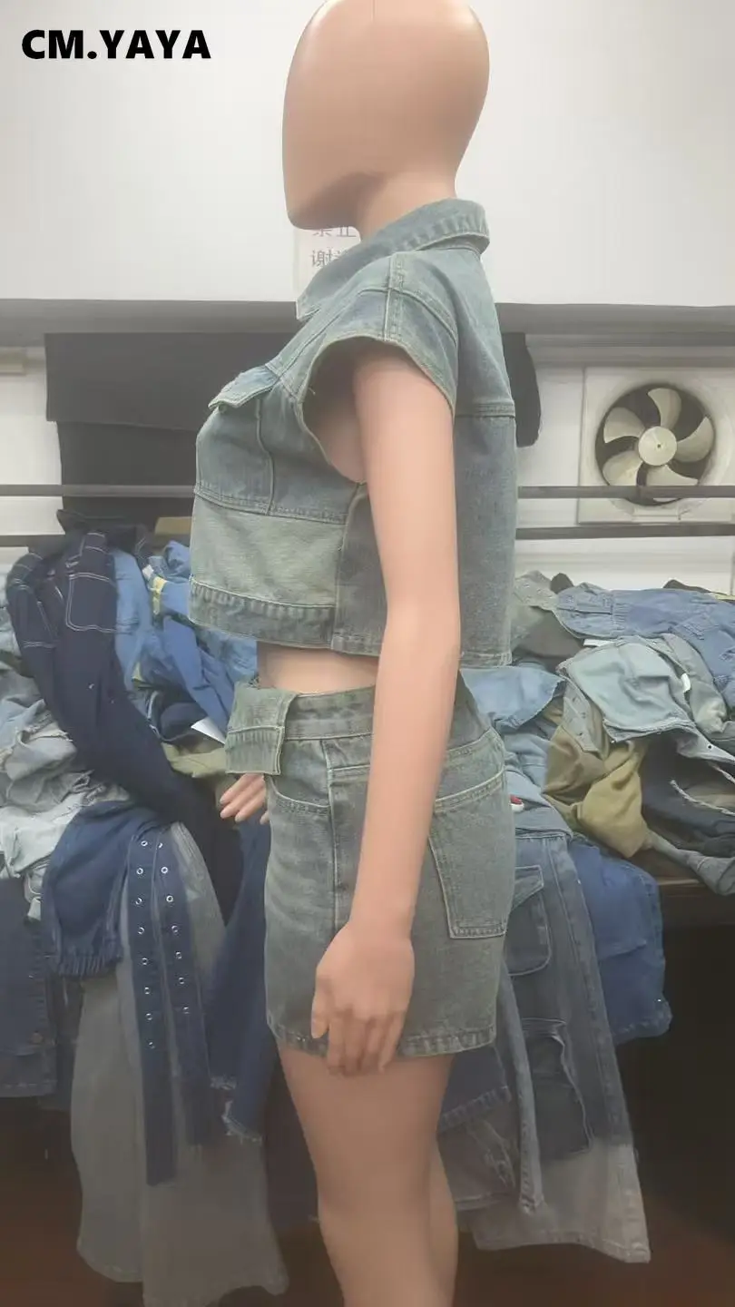 CM.YAYA Fashion Denim Women's Set Short Sleeve Jackets Tops and Shorts Jeans Sets 2025 Summer Two 2 Piece Sets Outfits Tracksuit