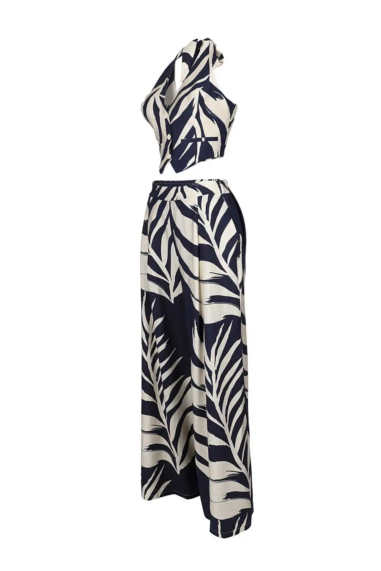CM.YAYA Fashion Beach Leaf Printed Women's Set Halter Sleeveless Crop Shirt Tank and Wide Leg Pants Two 2 Piece Sets Outfits