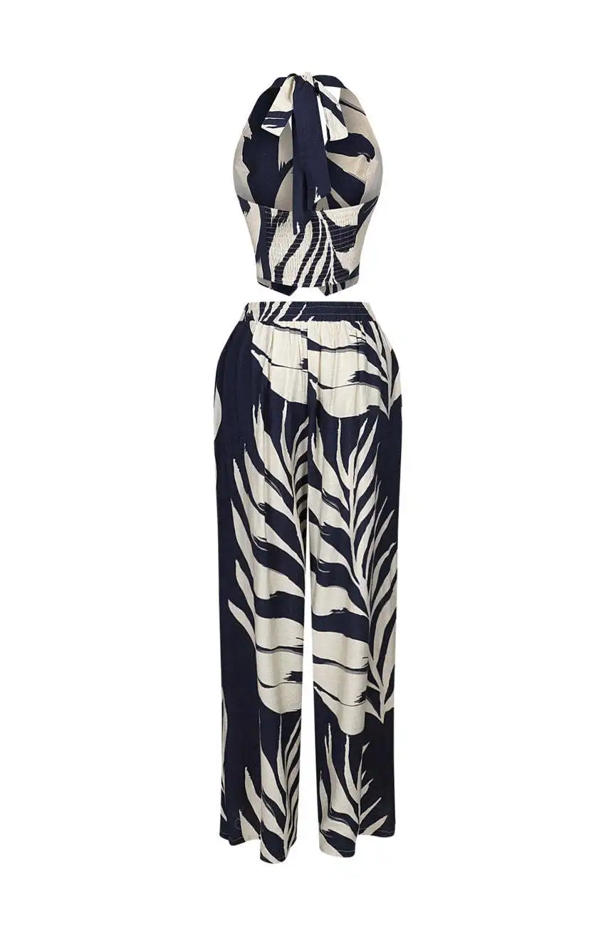 CM.YAYA Fashion Beach Leaf Printed Women's Set Halter Sleeveless Crop Shirt Tank and Wide Leg Pants Two 2 Piece Sets Outfits