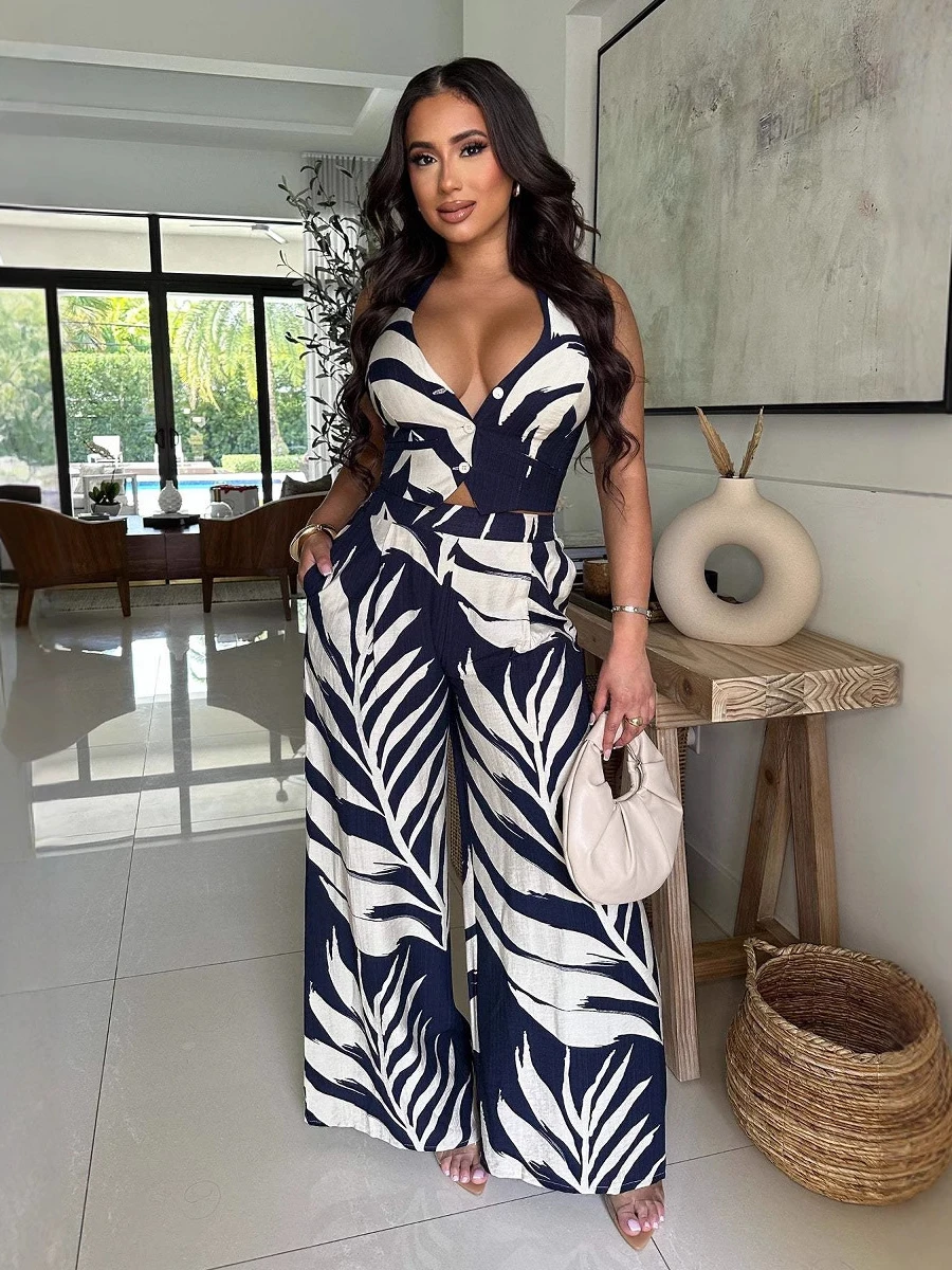 CM.YAYA Fashion Beach Leaf Printed Women’s Set Halter Sleeveless Crop Shirt Tank and Wide Leg Pants Two 2 Piece Sets Outfits CM.YAYA Fashion Beach Leaf Printed Women's Set Halter Sleeveless Crop Shirt Tank and Wide Leg Pants Two 2 Piece Sets Outfits