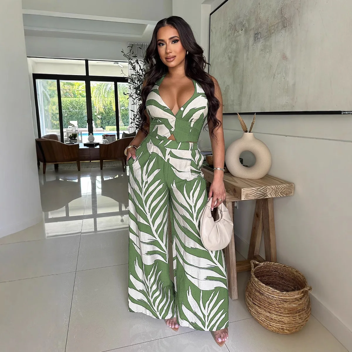 CM.YAYA Fashion Beach Leaf Printed Women’s Set Halter Sleeveless Crop Shirt Tank and Wide Leg Pants Two 2 Piece Sets Outfits CM.YAYA Fashion Beach Leaf Printed Women's Set Halter Sleeveless Crop Shirt Tank and Wide Leg Pants Two 2 Piece Sets Outfits