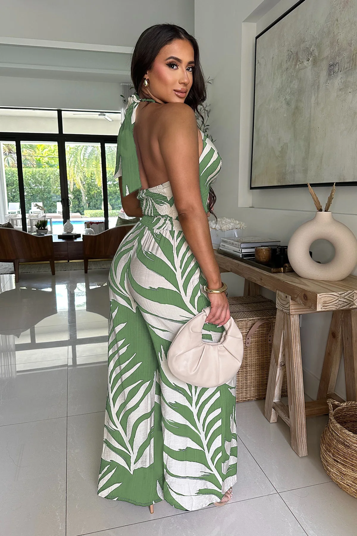 CM.YAYA Fashion Beach Leaf Printed Women's Set Halter Sleeveless Crop Shirt Tank and Wide Leg Pants Two 2 Piece Sets Outfits