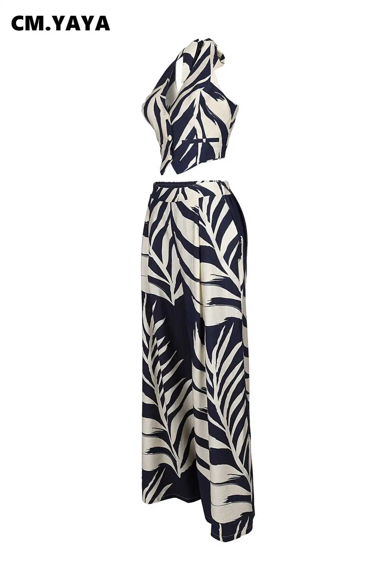 CM.YAYA Fashion Beach Leaf Printed Women’s Set Halter Sleeveless Crop Shirt Tank and Wide Leg Pants Two 2 Piece Sets Outfits CM.YAYA Fashion Beach Leaf Printed Women's Set Halter Sleeveless Crop Shirt Tank and Wide Leg Pants Two 2 Piece Sets Outfits