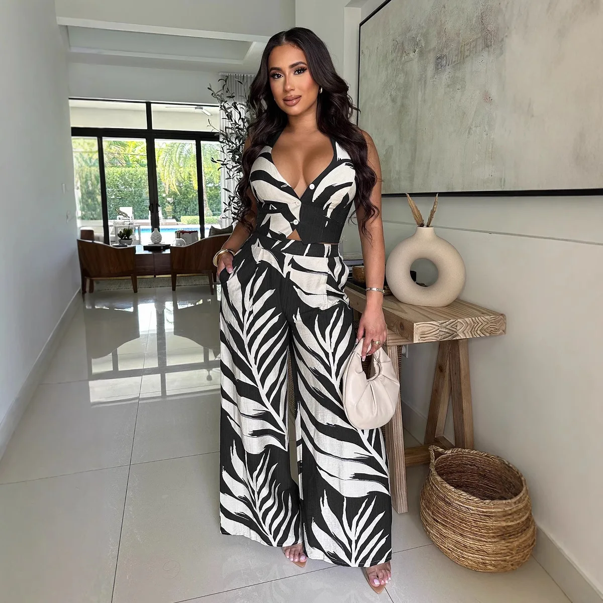 CM.YAYA Fashion Beach Leaf Printed Women's Set Halter Sleeveless Crop Shirt Tank and Wide Leg Pants Two 2 Piece Sets Outfits