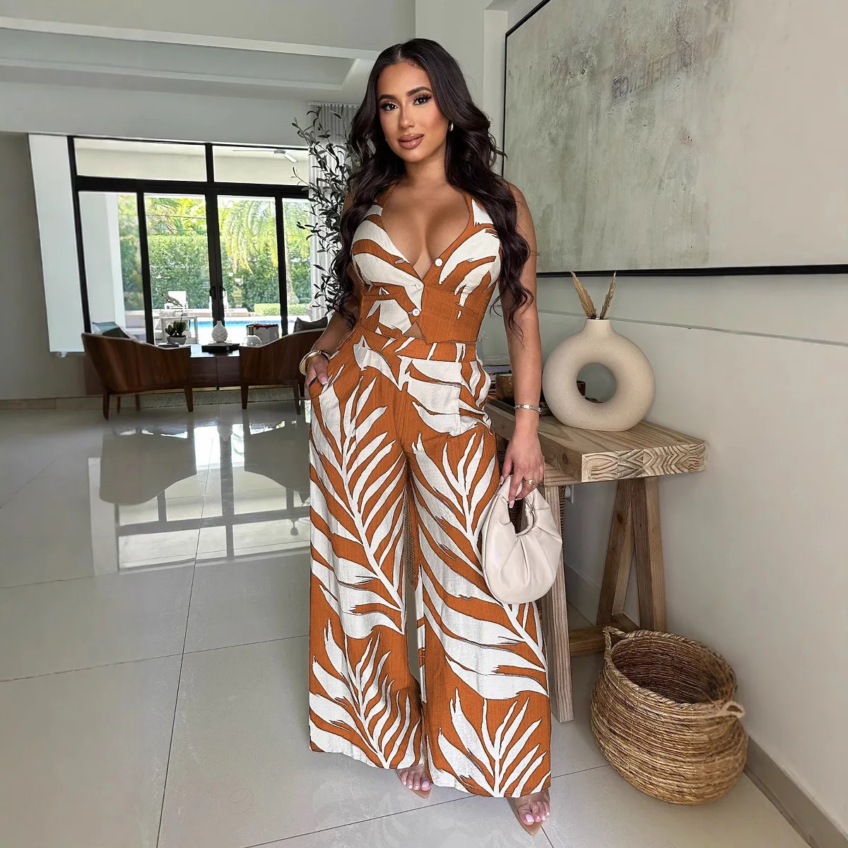 CM.YAYA Fashion Beach Leaf Printed Women's Set Halter Sleeveless Crop Shirt Tank and Wide Leg Pants Two 2 Piece Sets Outfits