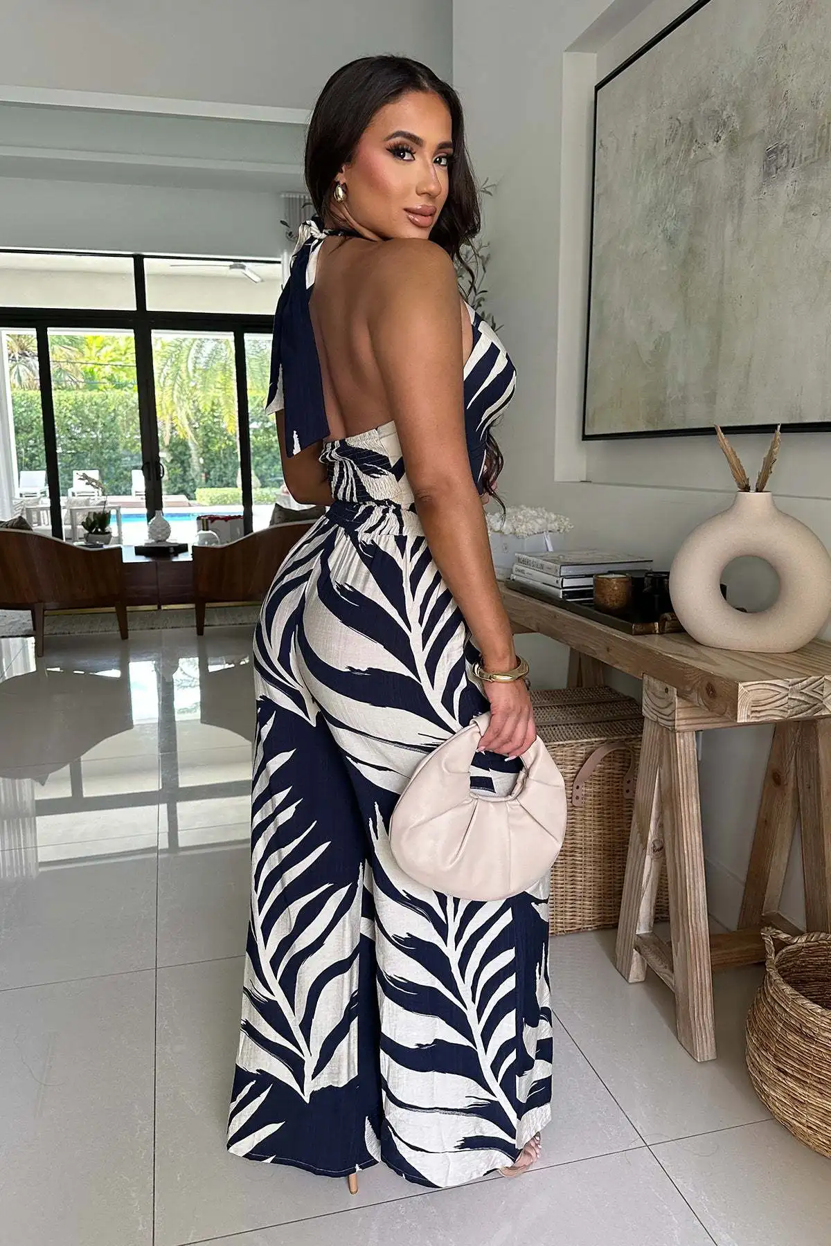 CM.YAYA Fashion Beach Leaf Printed Women's Set Halter Sleeveless Crop Shirt Tank and Wide Leg Pants Two 2 Piece Sets Outfits