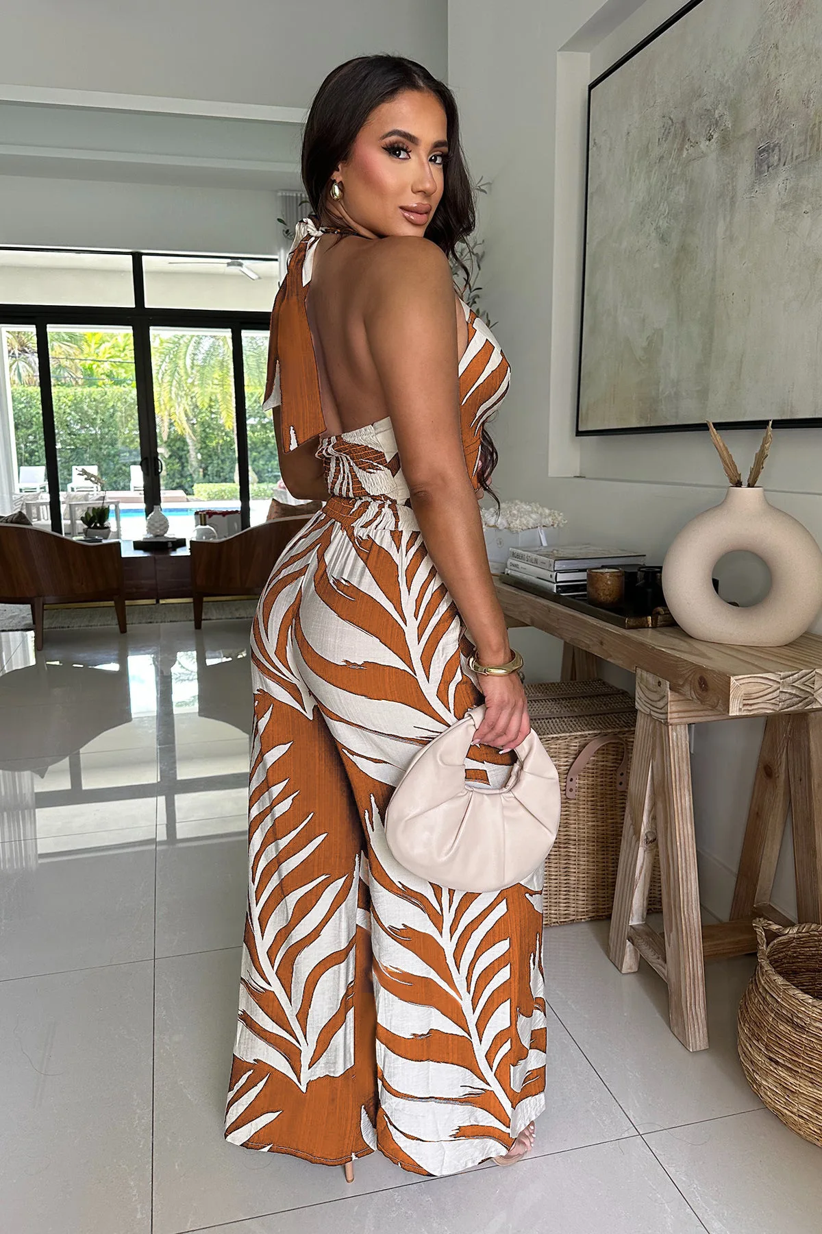 CM.YAYA Fashion Beach Leaf Printed Women's Set Halter Sleeveless Crop Shirt Tank and Wide Leg Pants Two 2 Piece Sets Outfits CM.YAYA Fashion Beach Leaf Printed Women's Set Halter Sleeveless Crop Shirt Tank and Wide Leg Pants Two 2 Piece Sets Outfits