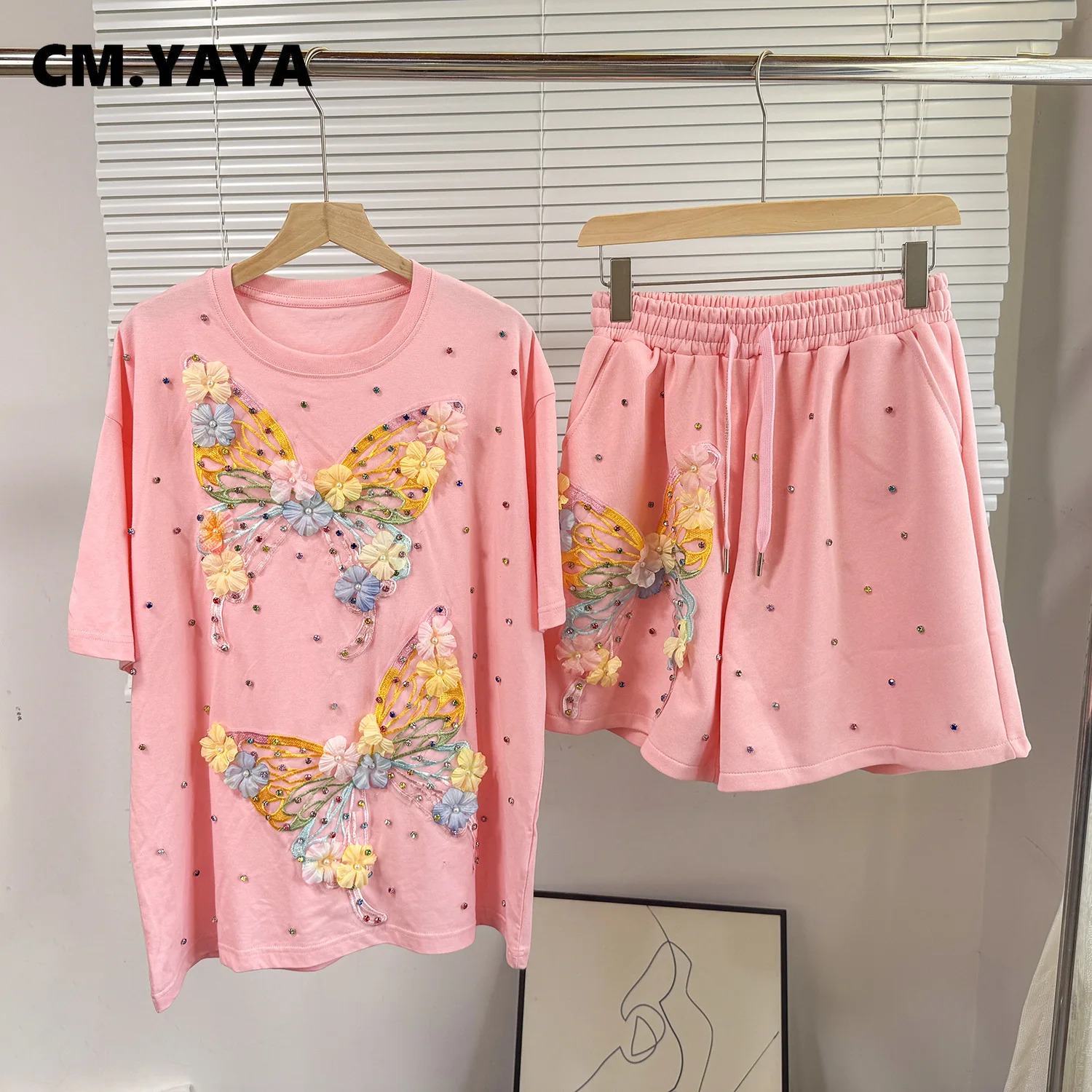 CM.YAYA Fashion Butterfly Floral Beading Women's Set T-shirt and Shorts 2025 Summer Active Two 2 Piece Sets Outfit Tracksuit