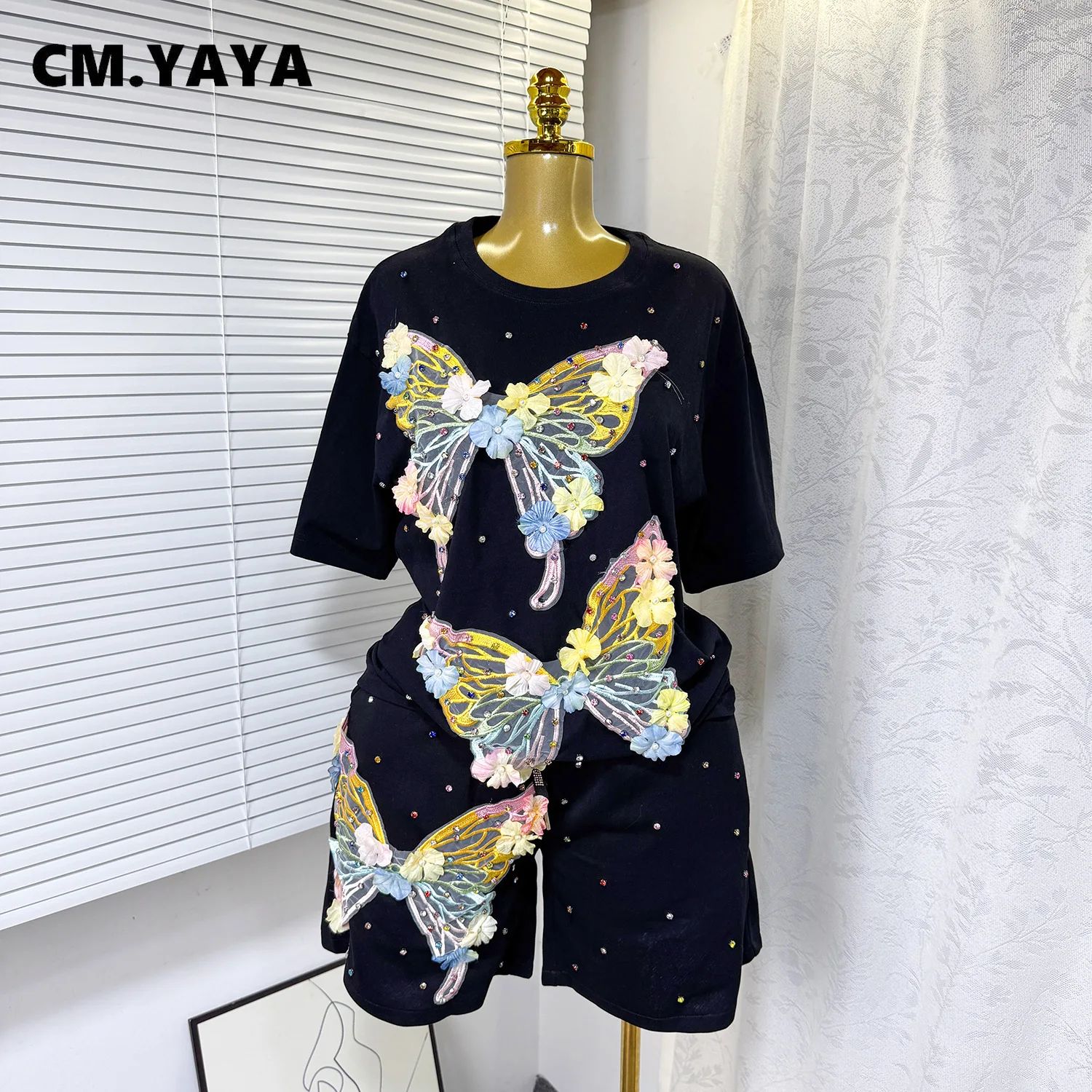 CM.YAYA Fashion Butterfly Floral Beading Women's Set T-shirt and Shorts 2025 Summer Active Two 2 Piece Sets Outfit Tracksuit
