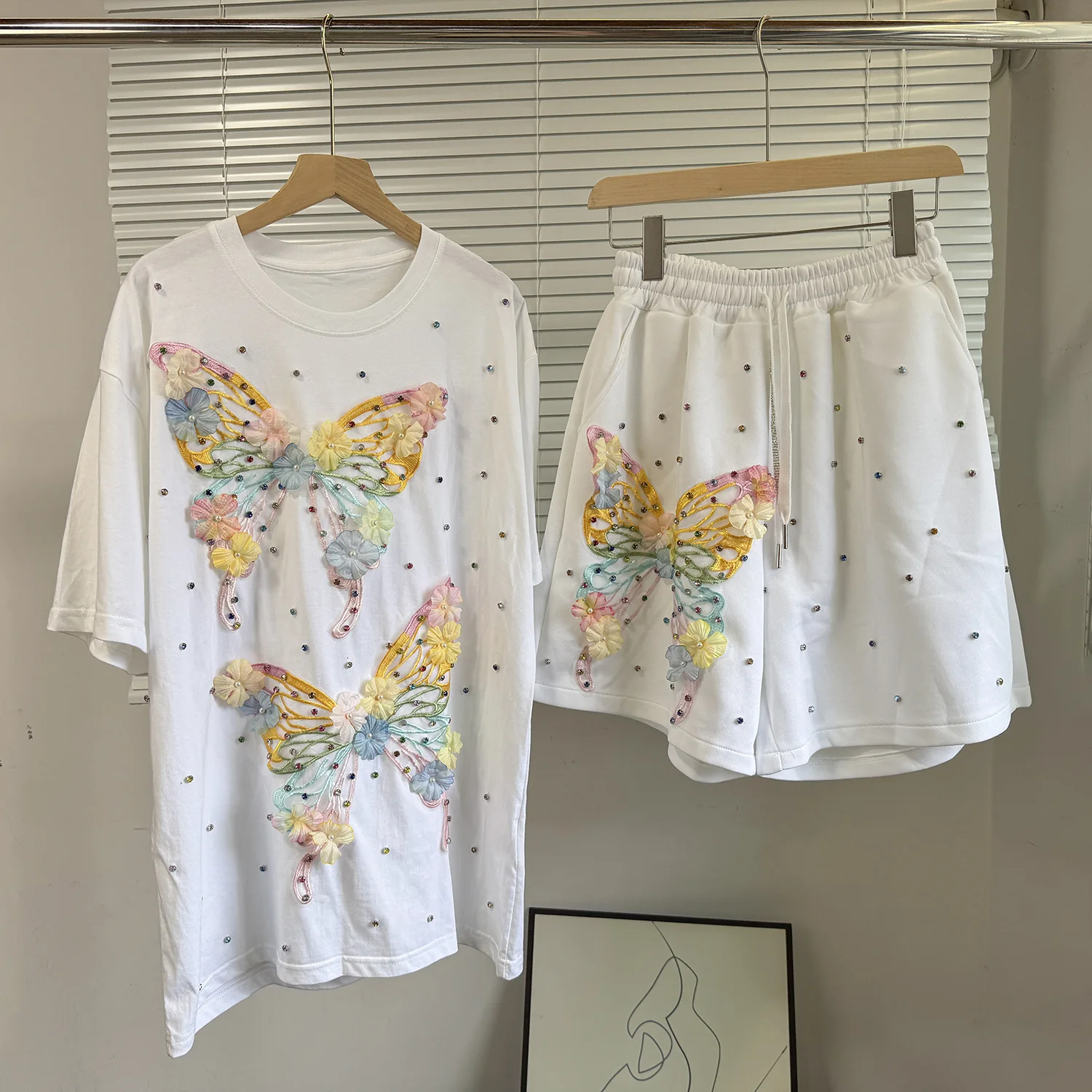 CM.YAYA Fashion Butterfly Floral Beading Women's Set T-shirt and Shorts 2025 Summer Active Two 2 Piece Sets Outfit Tracksuit