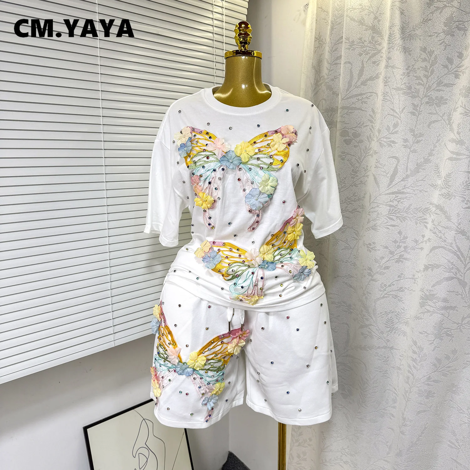 CM.YAYA Fashion Butterfly Floral Beading Women's Set T-shirt and Shorts 2025 Summer Active Two 2 Piece Sets Outfit Tracksuit