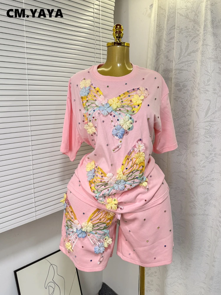 CM.YAYA Fashion Butterfly Floral Beading Women's Set T-shirt and Shorts 2025 Summer Active Two 2 Piece Sets Outfit Tracksuit