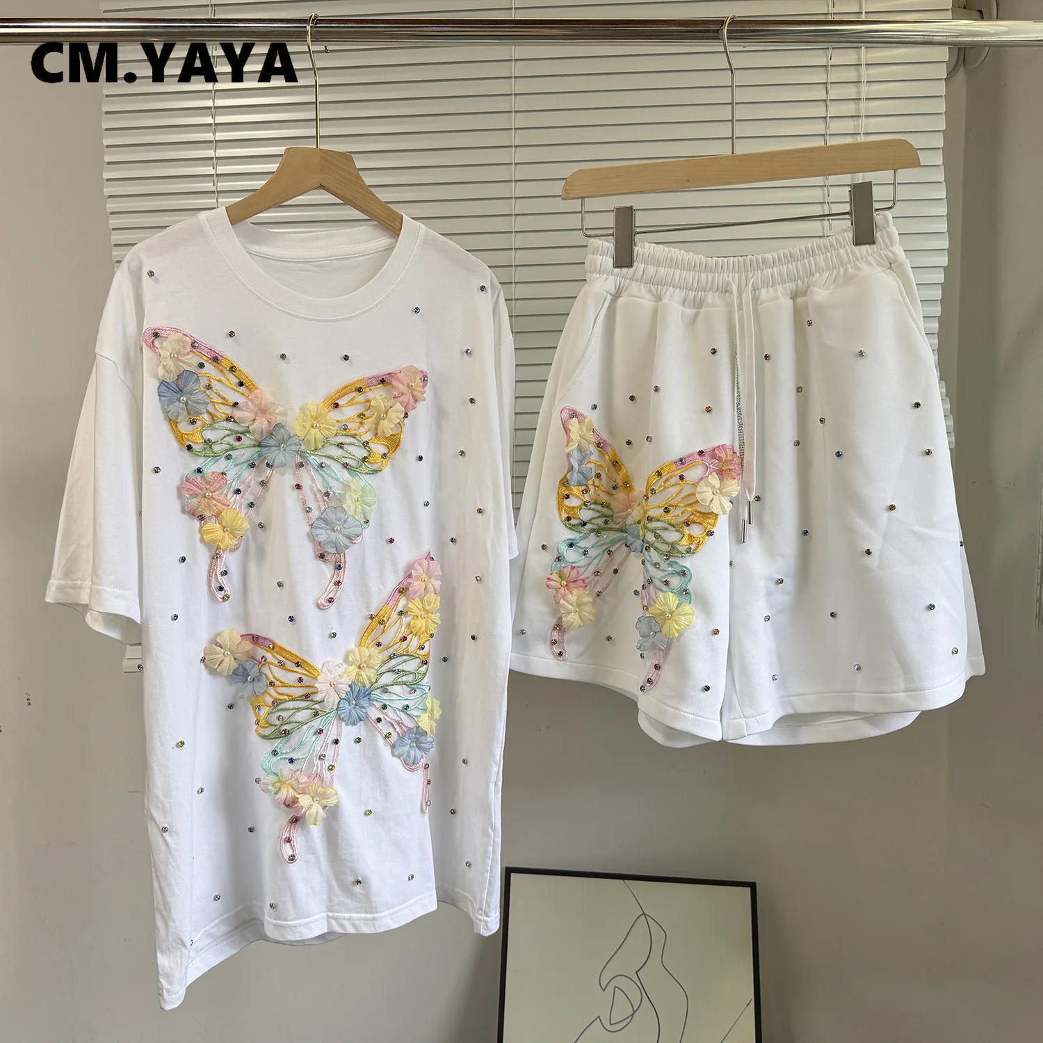 CM.YAYA Fashion Butterfly Floral Beading Women's Set T-shirt and Shorts 2025 Summer Active Two 2 Piece Sets Outfit Tracksuit