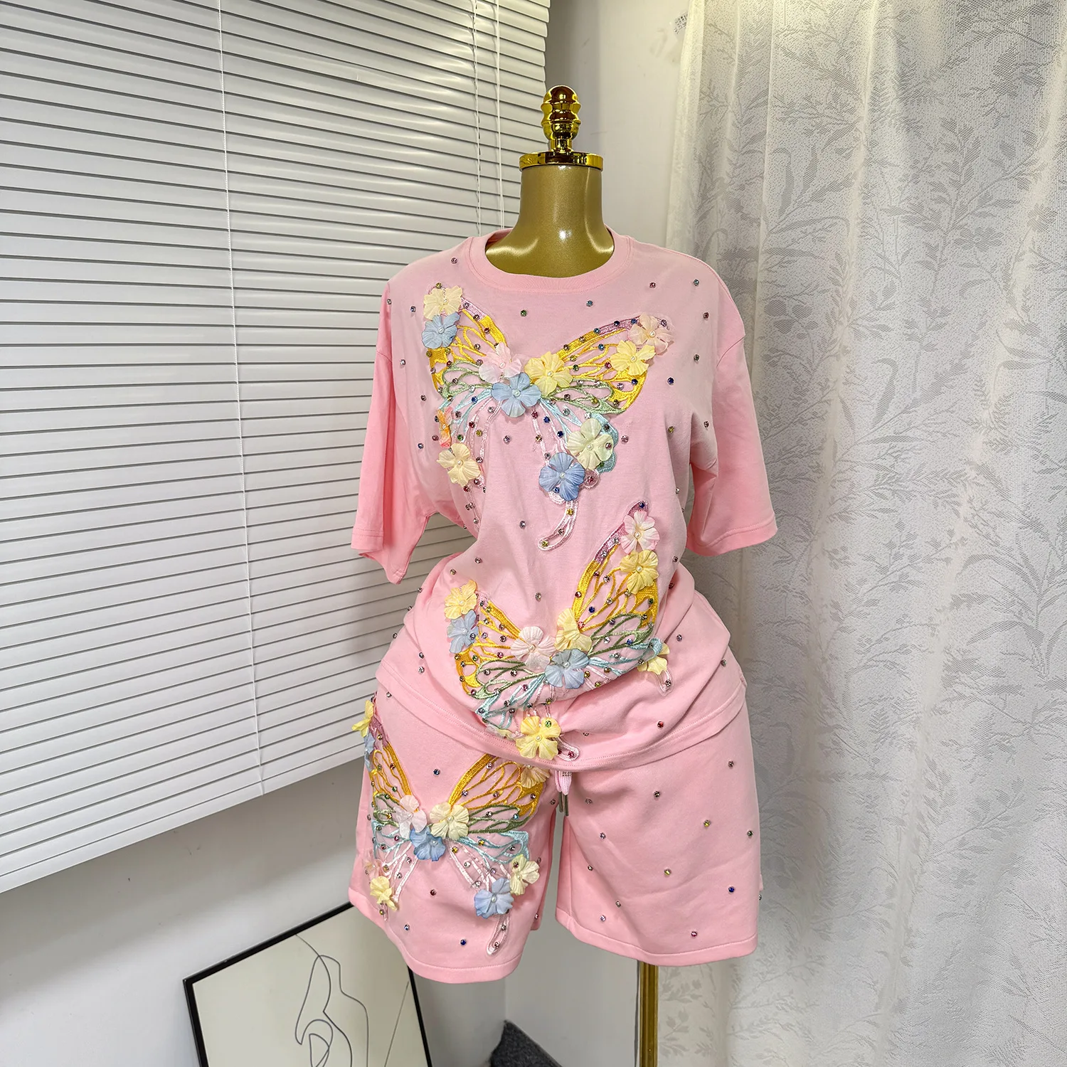 CM.YAYA Fashion Butterfly Floral Beading Women's Set T-shirt and Shorts 2025 Summer Active Two 2 Piece Sets Outfit Tracksuit CM.YAYA Fashion Butterfly Floral Beading Women's Set T-shirt and Shorts 2025 Summer Active Two 2 Piece Sets Outfit Tracksuit