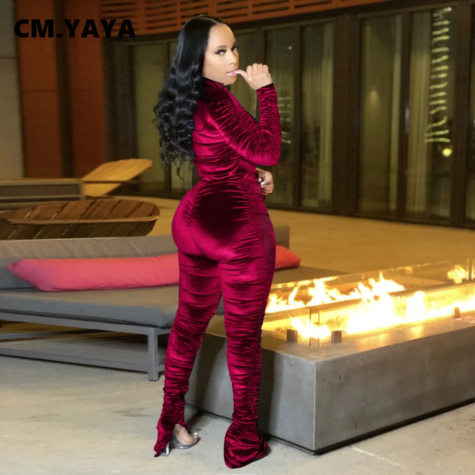 CM.YAYA Active Velvet Stacked Sweatsuit Women's Set Zipper Jacket Pants Suit Streetwear Tracksuit Two Piece Set Fitness Outfit