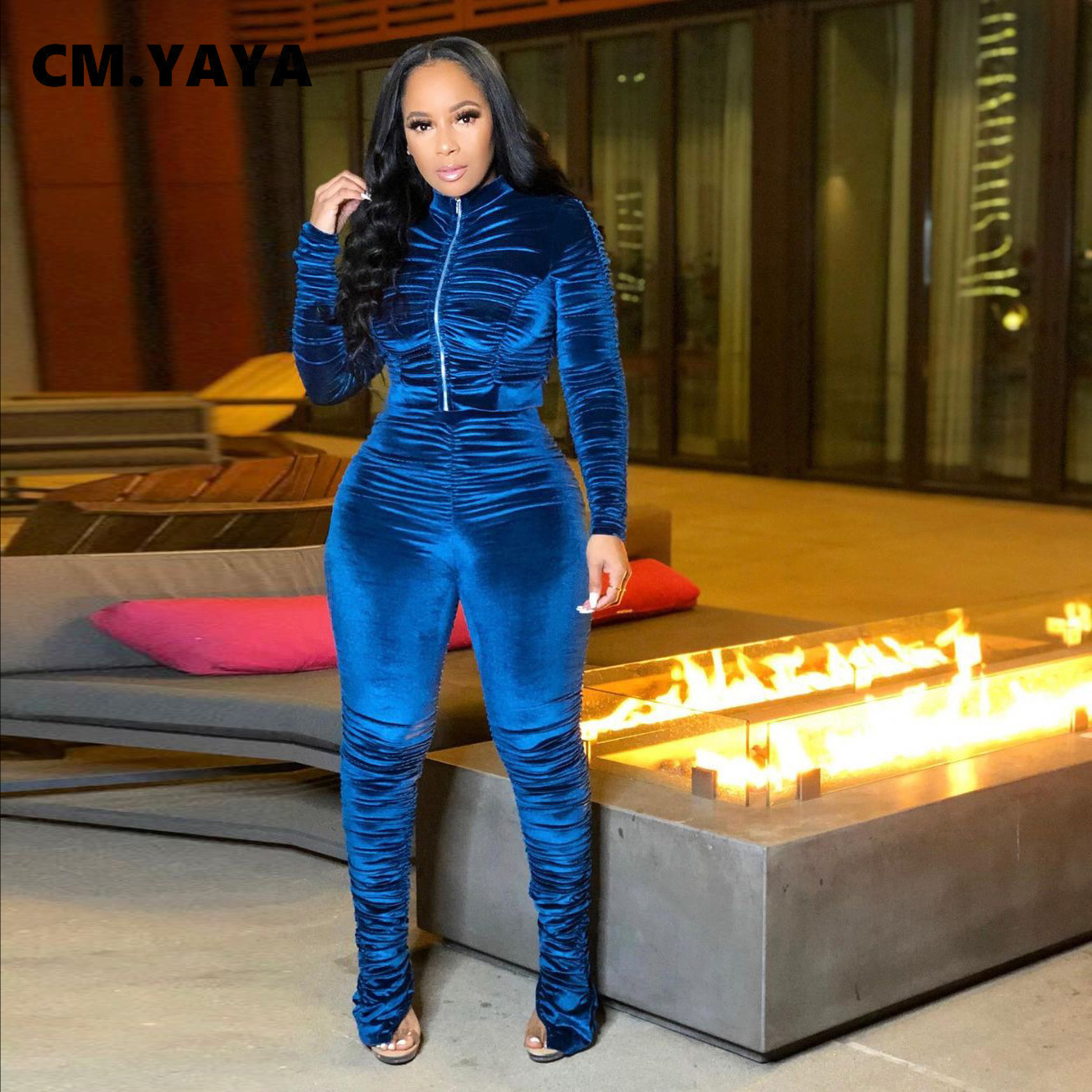 CM.YAYA Active Velvet Stacked Sweatsuit Women's Set Zipper Jacket Pants Suit Streetwear Tracksuit Two Piece Set Fitness Outfit
