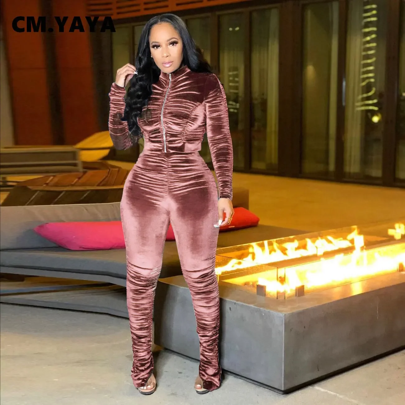 CM.YAYA Active Velvet Stacked Sweatsuit Women's Set Zipper Jacket Pants Suit Streetwear Tracksuit Two Piece Set Fitness Outfit