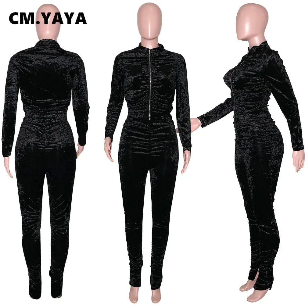 CM.YAYA Active Velvet Stacked Sweatsuit Women's Set Zipper Jacket Pants Suit Streetwear Tracksuit Two Piece Set Fitness Outfit