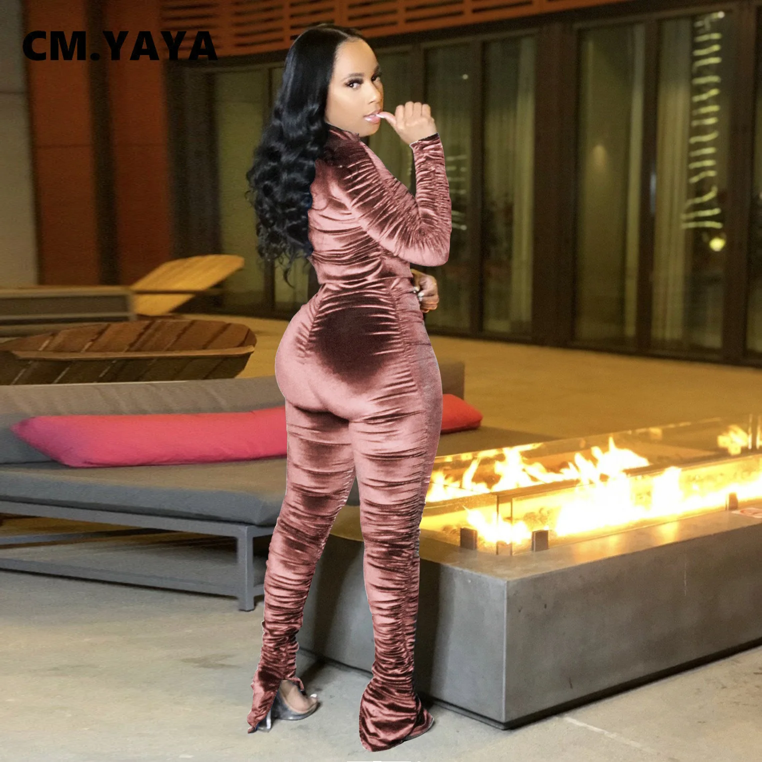 CM.YAYA Active Velvet Stacked Sweatsuit Women's Set Zipper Jacket Pants Suit Streetwear Tracksuit Two Piece Set Fitness Outfit