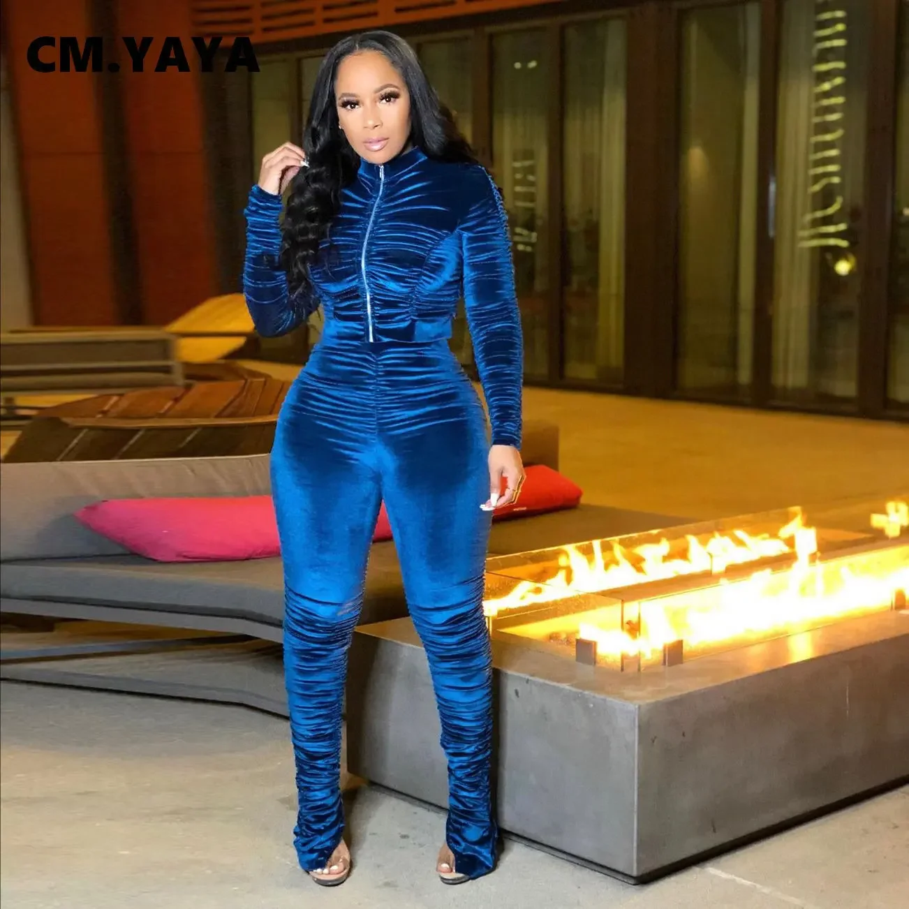 CM.YAYA Active Velvet Stacked Sweatsuit Women's Set Zipper Jacket Pants Suit Streetwear Tracksuit Two Piece Set Fitness Outfit