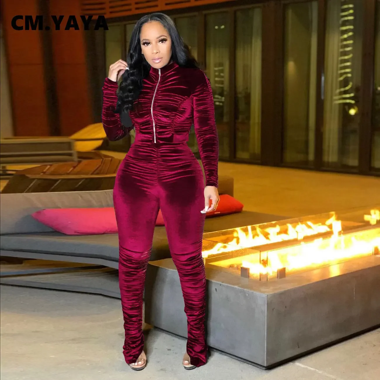 CM.YAYA Active Velvet Stacked Sweatsuit Women's Set Zipper Jacket Pants Suit Streetwear Tracksuit Two Piece Set Fitness Outfit