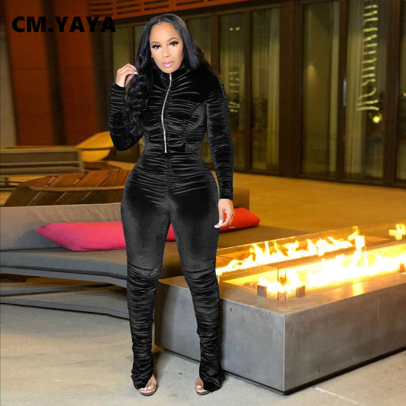 CM.YAYA Active Velvet Stacked Sweatsuit Women's Set Zipper Jacket Pants Suit Streetwear Tracksuit Two Piece Set Fitness Outfit