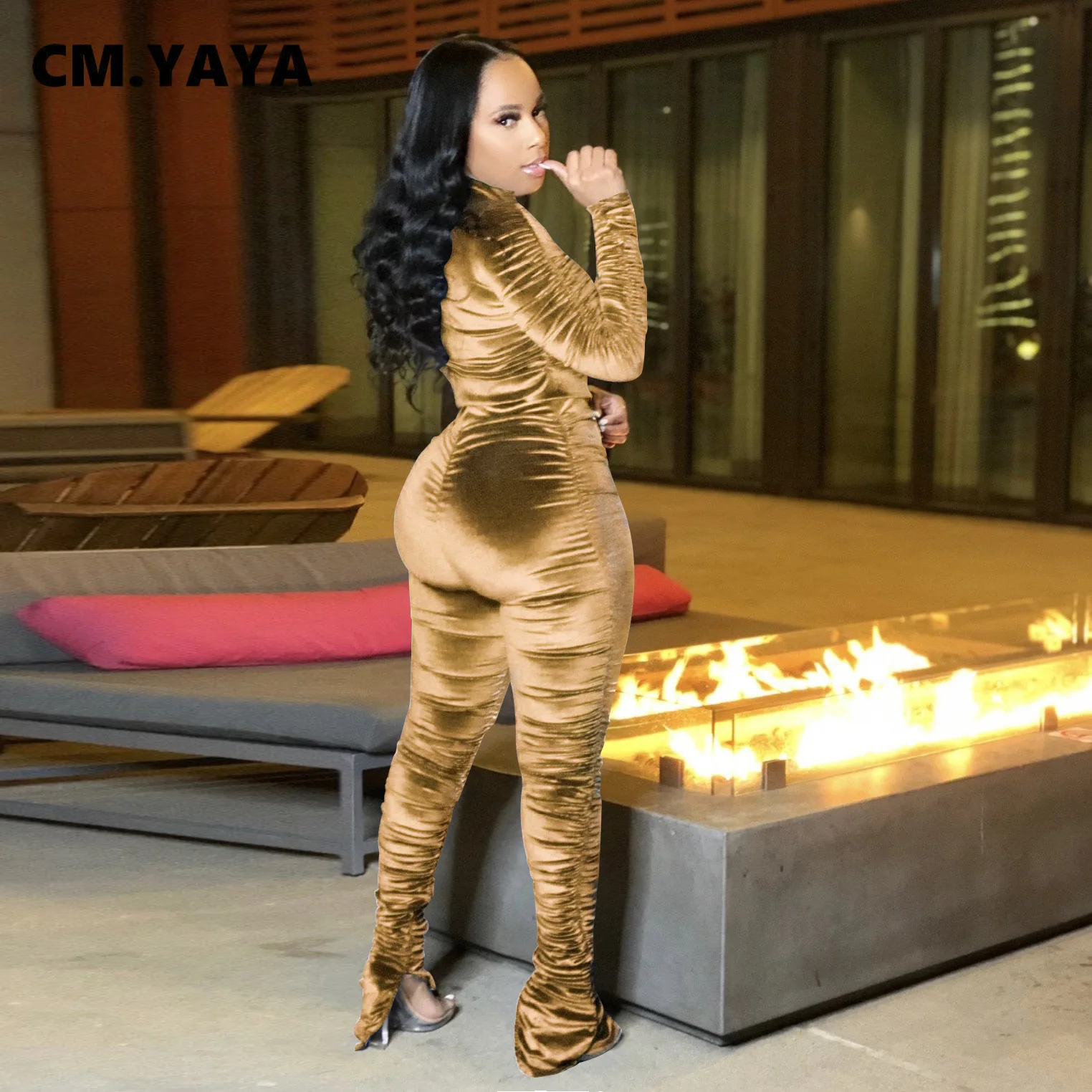 CM.YAYA Active Velvet Stacked Sweatsuit Women's Set Zipper Jacket Pants Suit Streetwear Tracksuit Two Piece Set Fitness Outfit