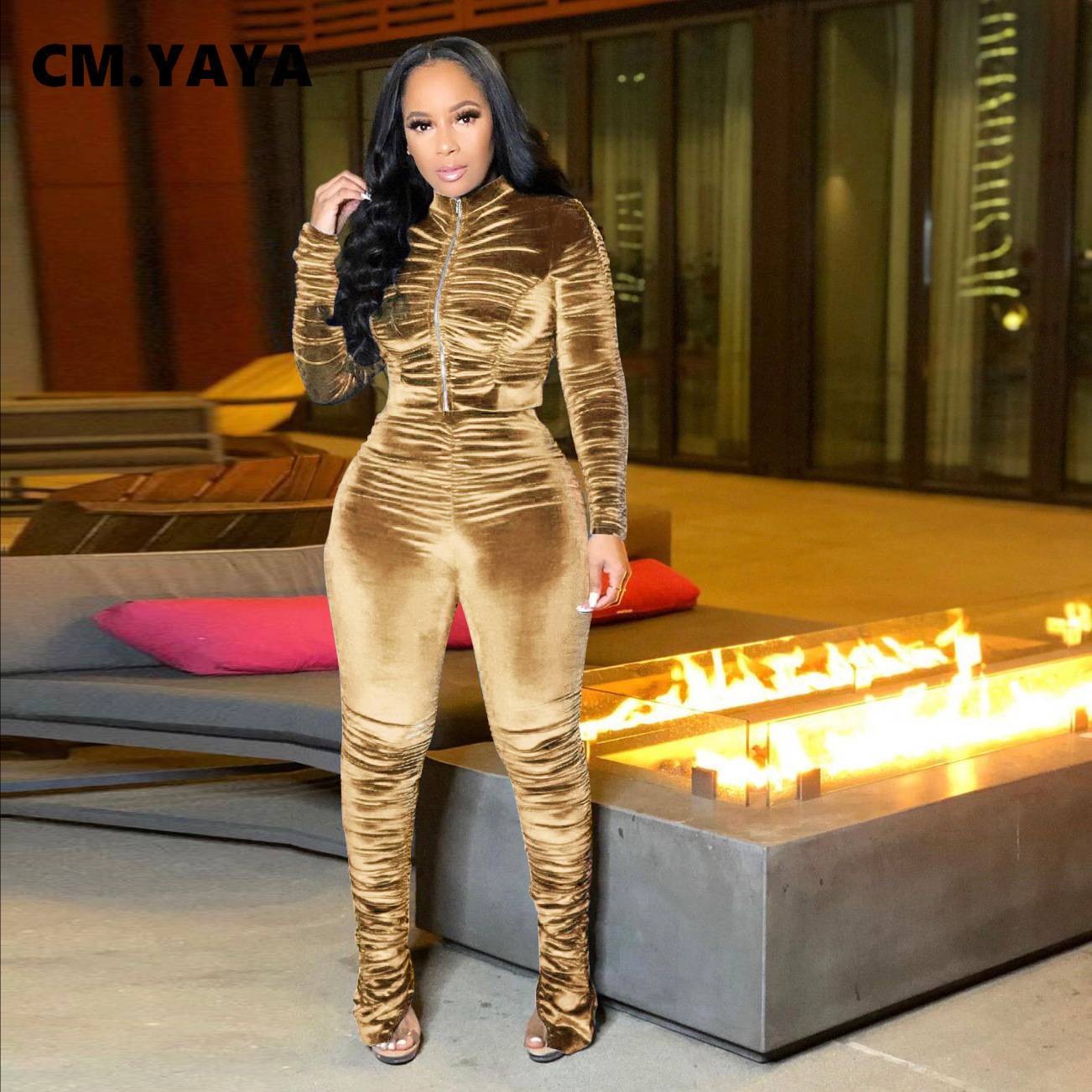 CM.YAYA Active Velvet Stacked Sweatsuit Women's Set Zipper Jacket Pants Suit Streetwear Tracksuit Two Piece Set Fitness Outfit