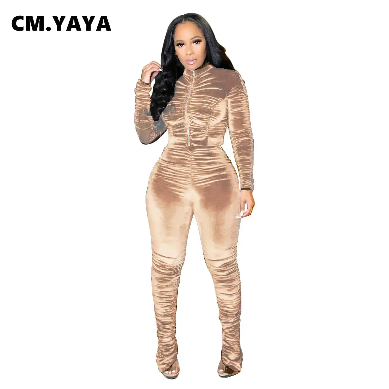 CM.YAYA Active Velvet Stacked Sweatsuit Women's Set Zipper Jacket Pants Suit Streetwear Tracksuit Two Piece Set Fitness Outfit