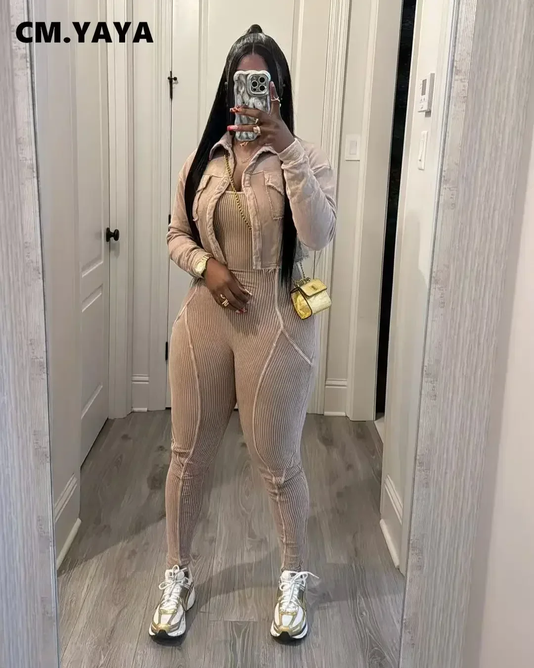 CM.YAYA Fashion Women's Set Washed Knitted Long Sleeve V-neck Coats+pencil Jumpsuits Active Two 2 Piece Set Outfits Tracksuit