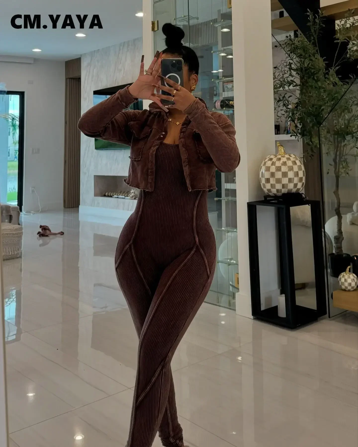 CM.YAYA Fashion Women's Set Washed Knitted Long Sleeve V-neck Coats+pencil Jumpsuits Active Two 2 Piece Set Outfits Tracksuit