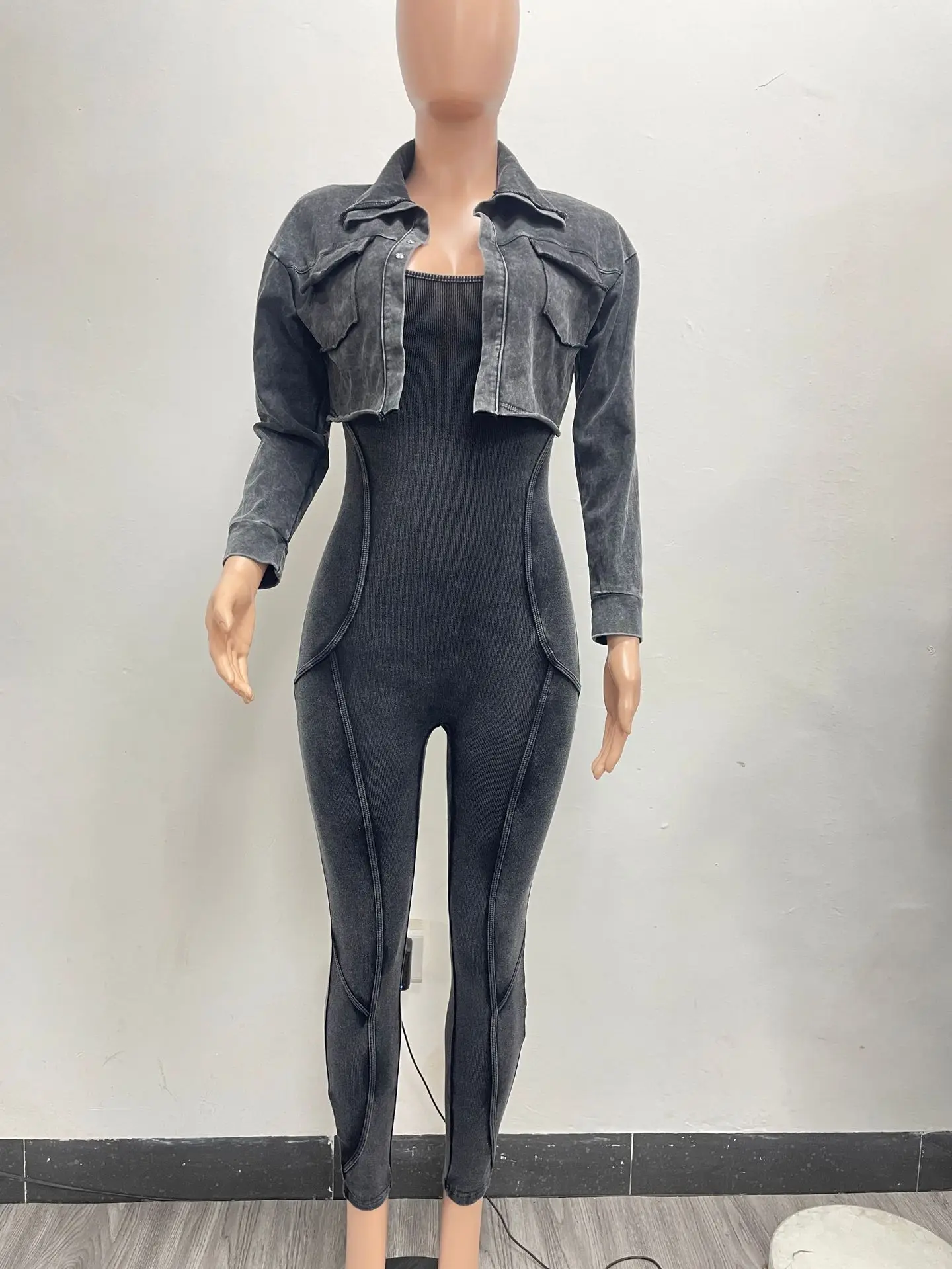 CM.YAYA Fashion Women's Set Washed Knitted Long Sleeve V-neck Coats+pencil Jumpsuits Active Two 2 Piece Set Outfits Tracksuit