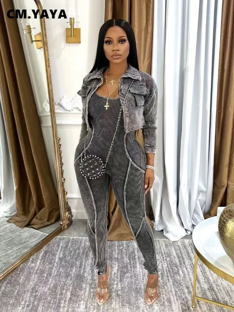 CM.YAYA Fashion Women's Set Washed Knitted Long Sleeve V-neck Coats+pencil Jumpsuits Active Two 2 Piece Set Outfits Tracksuit