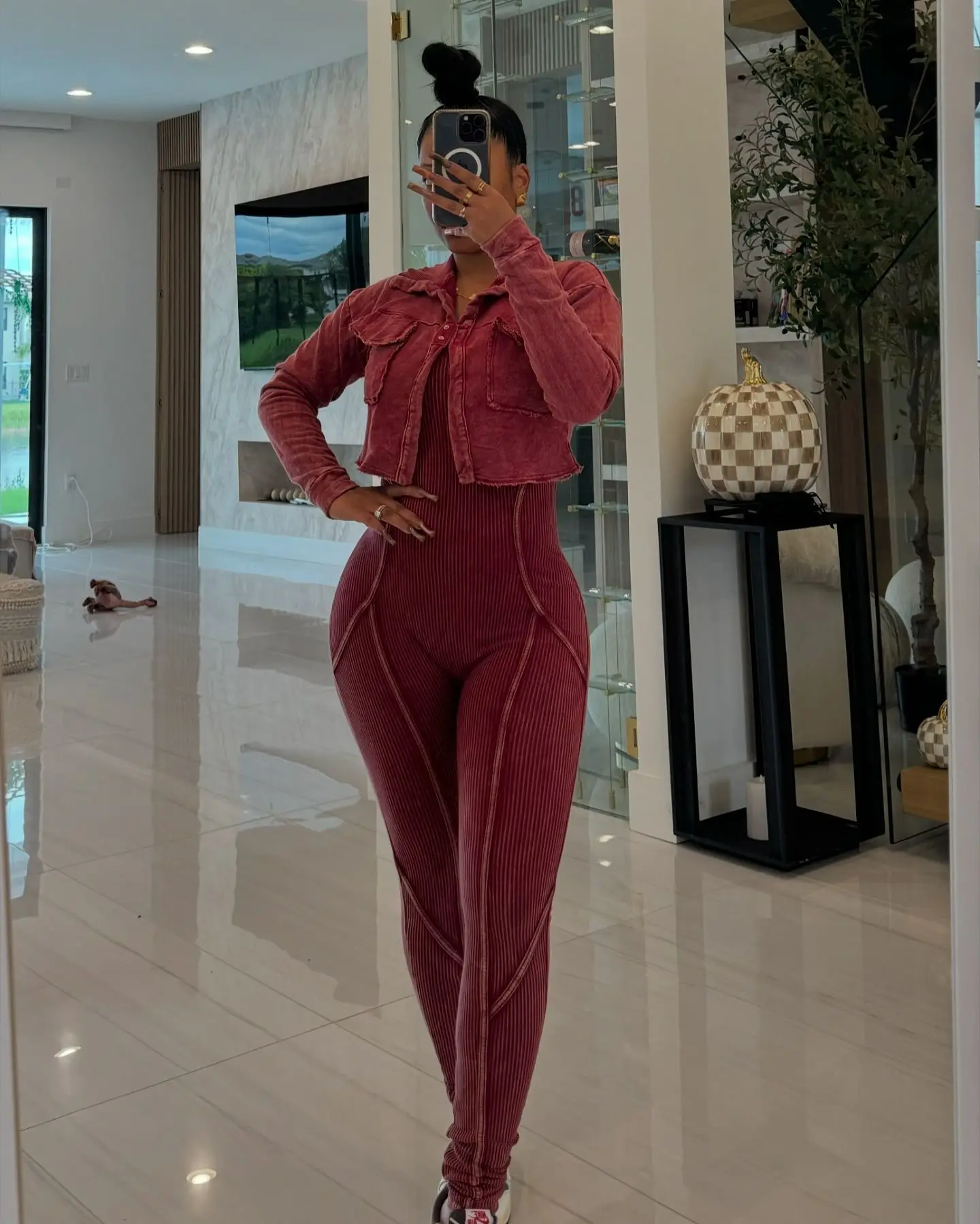 CM.YAYA Fashion Women's Set Washed Knitted Long Sleeve V-neck Coats+pencil Jumpsuits Active Two 2 Piece Set Outfits Tracksuit CM.YAYA Fashion Women's Set Washed Knitted Long Sleeve V-neck Coats+pencil Jumpsuits Active Two 2 Piece Set Outfits Tracksuit