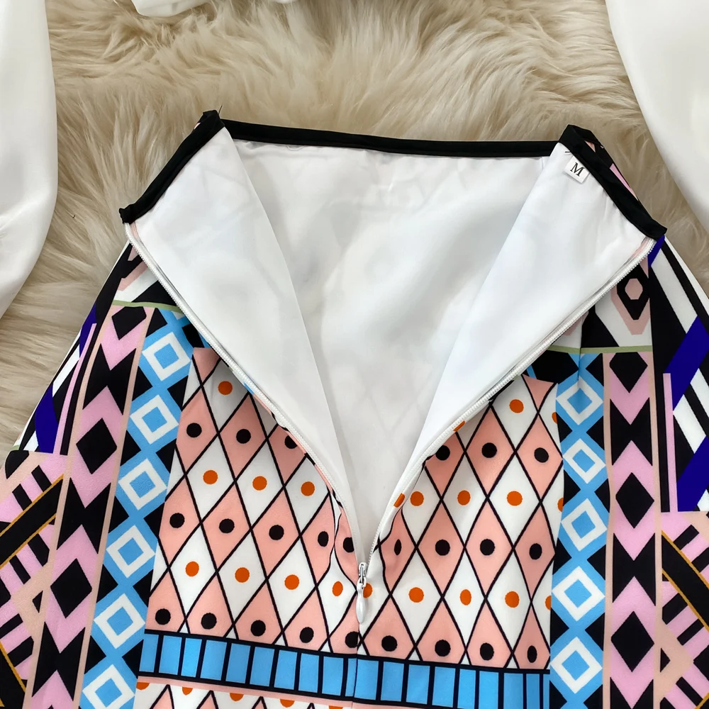 CM.YAYA Vintage 3D Geometrial Printed Women Long Sleeve Shirt and Bodycon Midi Mini Skirt Suit Street INS Two 2 Piece Set Outfit