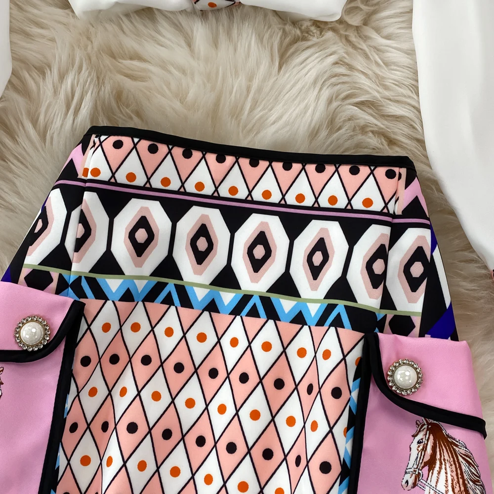 CM.YAYA Vintage 3D Geometrial Printed Women Long Sleeve Shirt and Bodycon Midi Mini Skirt Suit Street INS Two 2 Piece Set Outfit