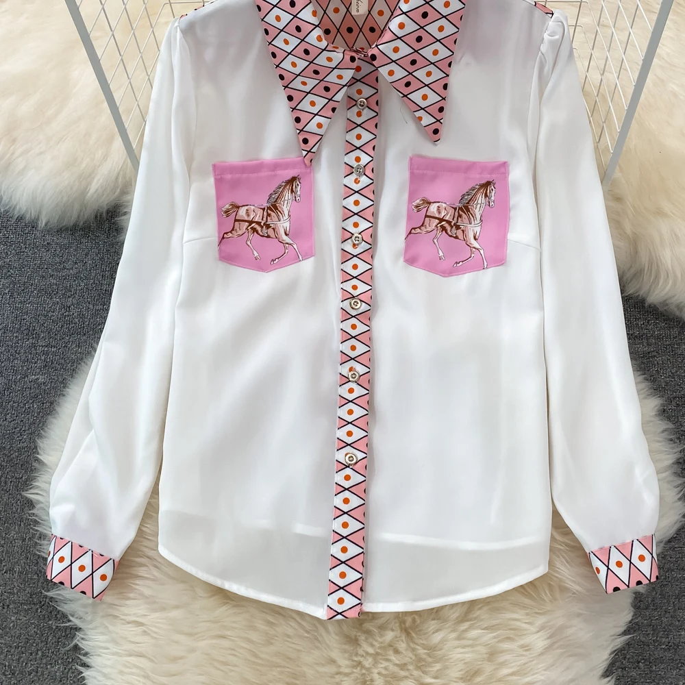 CM.YAYA Vintage 3D Geometrial Printed Women Long Sleeve Shirt and Bodycon Midi Mini Skirt Suit Street INS Two 2 Piece Set Outfit