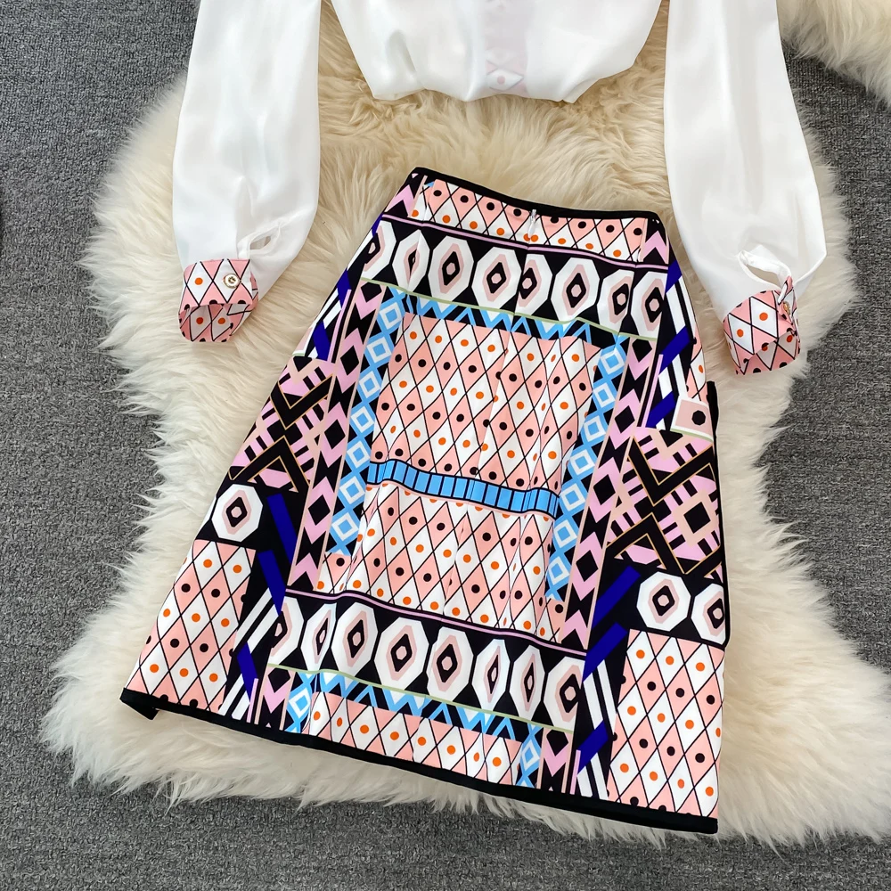 CM.YAYA Vintage 3D Geometrial Printed Women Long Sleeve Shirt and Bodycon Midi Mini Skirt Suit Street INS Two 2 Piece Set Outfit