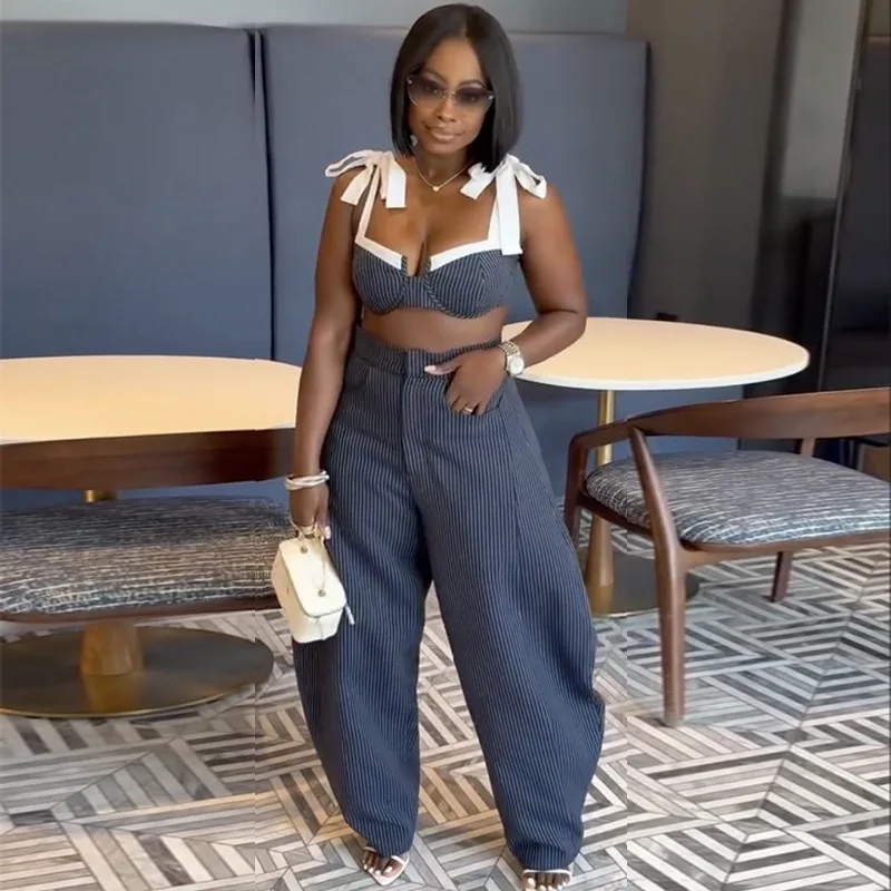 GLCMYAYA Street Women Set Striped Strapless Bow Crop Top and Long Pants 2026 Spring Party Vacation Sexy Two 2 Piece Set Outfits GLCMYAYA Street Women Set Striped Strapless Bow Crop Top and Long Pants 2026 Spring Party Vacation Sexy Two 2 Piece Set Outfits