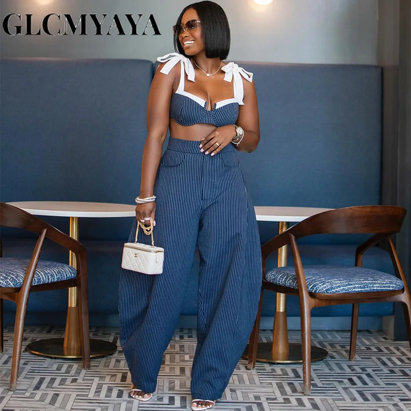 GLCMYAYA Street Women Set Striped Strapless Bow Crop Top and Long Pants 2026 Spring Party Vacation Sexy Two 2 Piece Set Outfits GLCMYAYA Street Women Set Striped Strapless Bow Crop Top and Long Pants 2026 Spring Party Vacation Sexy Two 2 Piece Set Outfits