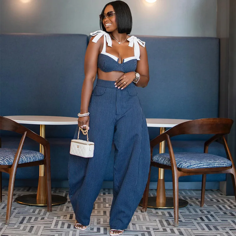 GLCMYAYA Street Women Set Striped Strapless Bow Crop Top and Long Pants 2026 Spring Party Vacation Sexy Two 2 Piece Set Outfits GLCMYAYA Street Women Set Striped Strapless Bow Crop Top and Long Pants 2026 Spring Party Vacation Sexy Two 2 Piece Set Outfits