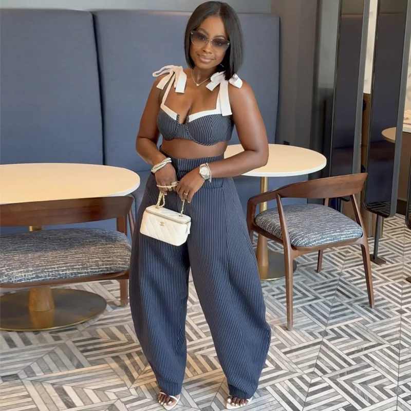 GLCMYAYA Street Women Set Striped Strapless Bow Crop Top and Long Pants 2026 Spring Party Vacation Sexy Two 2 Piece Set Outfits GLCMYAYA Street Women Set Striped Strapless Bow Crop Top and Long Pants 2026 Spring Party Vacation Sexy Two 2 Piece Set Outfits