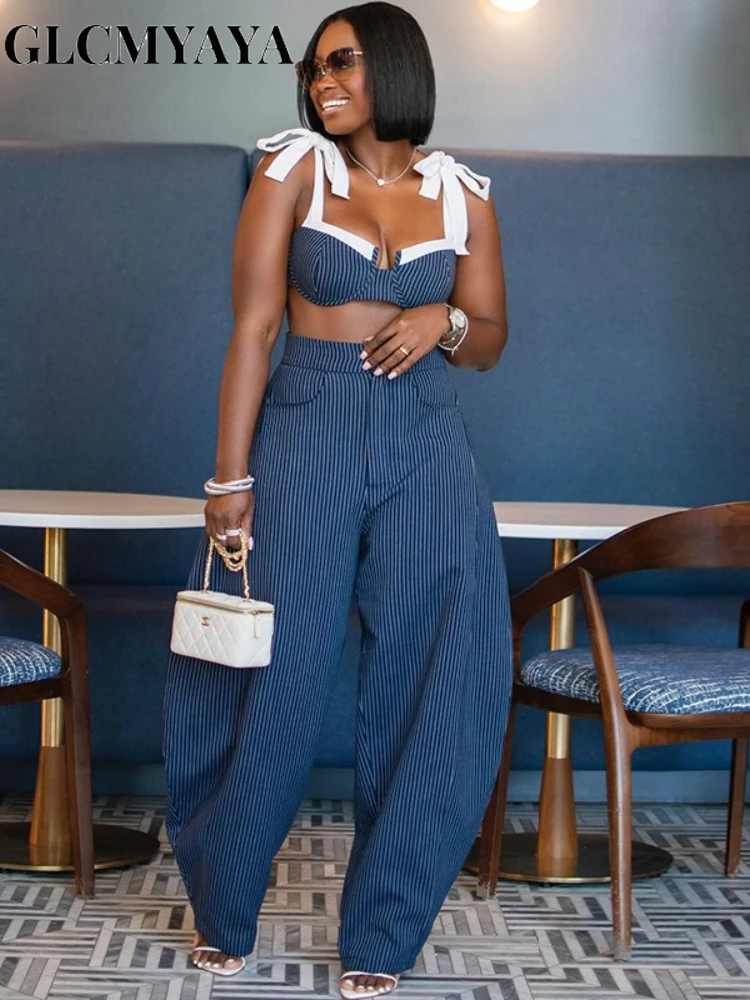 GLCMYAYA Street Women Set Striped Strapless Bow Crop Top and Long Pants 2026 Spring Party Vacation Sexy Two 2 Piece Set Outfits GLCMYAYA Street Women Set Striped Strapless Bow Crop Top and Long Pants 2026 Spring Party Vacation Sexy Two 2 Piece Set Outfits