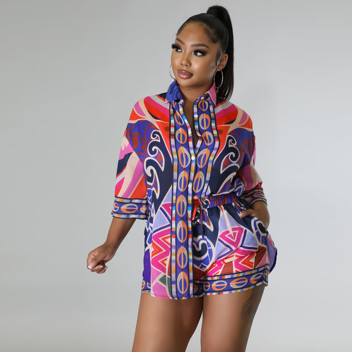 CMYAYA 3D Paisley Women Shorts Suit and Half Sleeve Shirt Top Street Blouses Tracksuit INS Two 2 Piece Set 2022 Summer Outfits