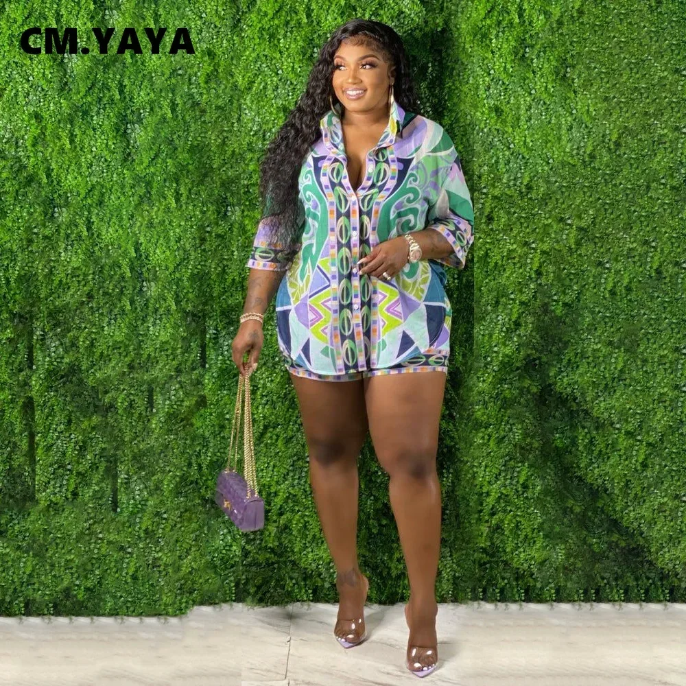 CMYAYA 3D Paisley Women Shorts Suit and Half Sleeve Shirt Top Street Blouses Tracksuit INS Two 2 Piece Set 2022 Summer Outfits