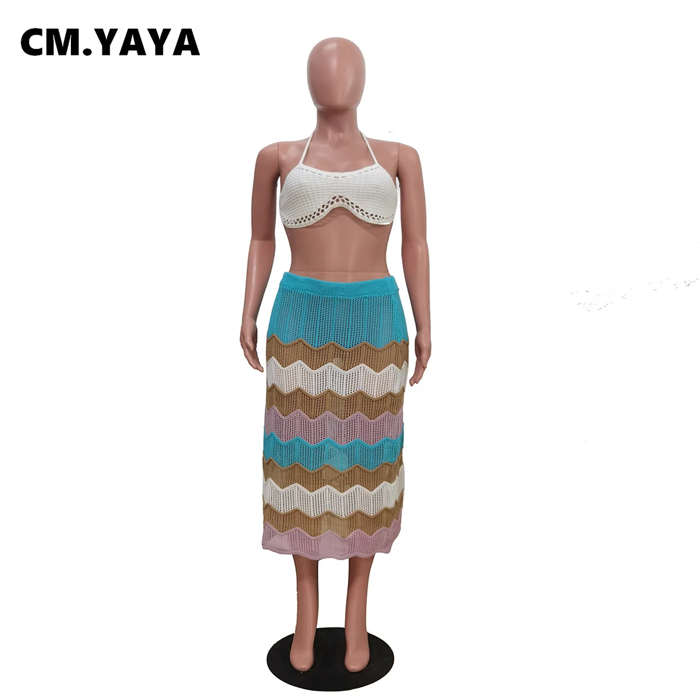 CM.YAYA Knitted Hollow Out Women’s Set strap Sleeveless Crop Top + bodycon midi maxi long Skirt 2025 Beach Two 2Piece Set Outfit CM.YAYA Knitted Hollow Out Women's Set strap Sleeveless Crop Top + bodycon midi maxi long Skirt 2025 Beach Two 2Piece Set Outfit