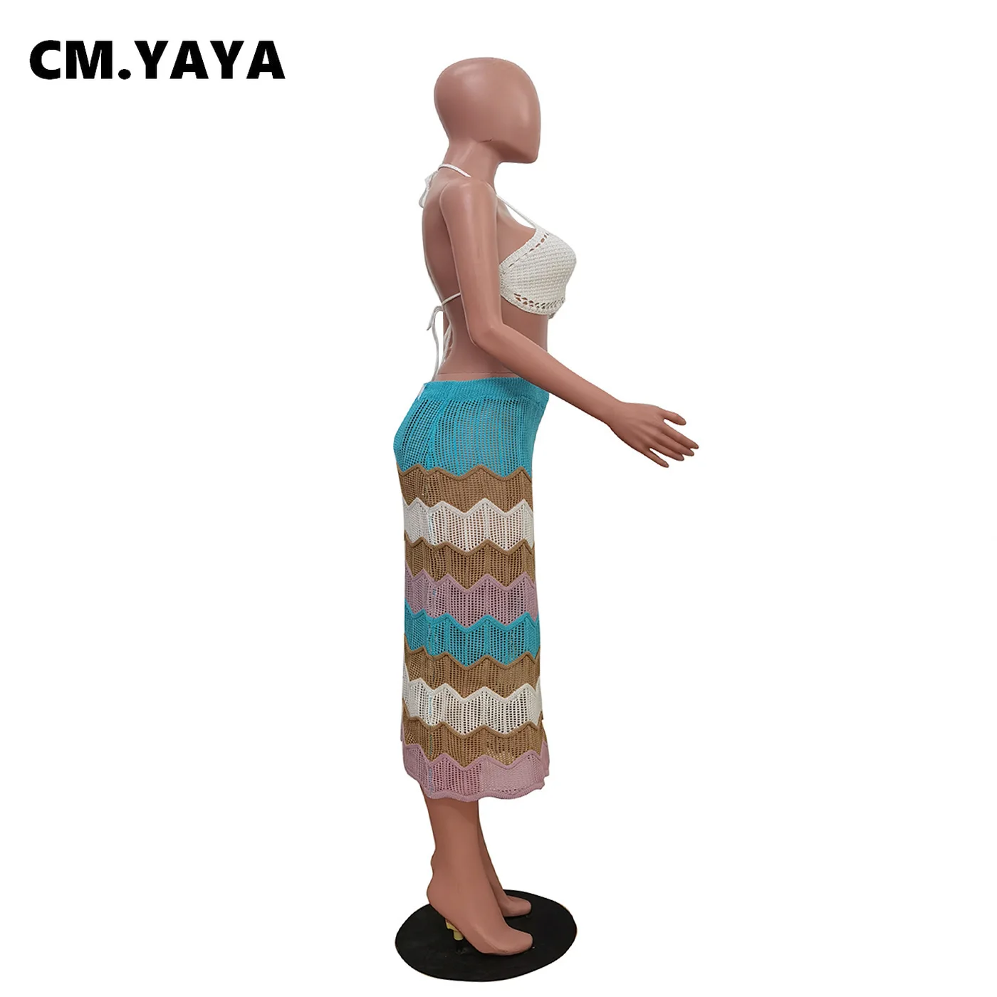 CM.YAYA Knitted Hollow Out Women’s Set strap Sleeveless Crop Top + bodycon midi maxi long Skirt 2025 Beach Two 2Piece Set Outfit CM.YAYA Knitted Hollow Out Women's Set strap Sleeveless Crop Top + bodycon midi maxi long Skirt 2025 Beach Two 2Piece Set Outfit