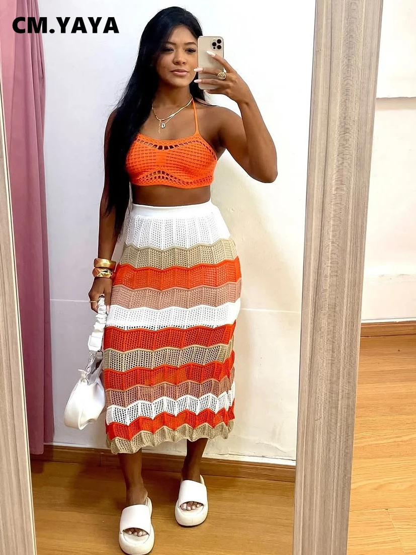 CM.YAYA Knitted Hollow Out Women’s Set strap Sleeveless Crop Top + bodycon midi maxi long Skirt 2025 Beach Two 2Piece Set Outfit CM.YAYA Knitted Hollow Out Women's Set strap Sleeveless Crop Top + bodycon midi maxi long Skirt 2025 Beach Two 2Piece Set Outfit